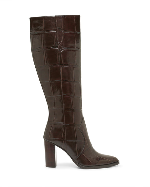 Dark brown Vince Camuto Lecheya Extra Wide Calf Knee High Boot with a crocodile-embossed pattern and a high block heel.