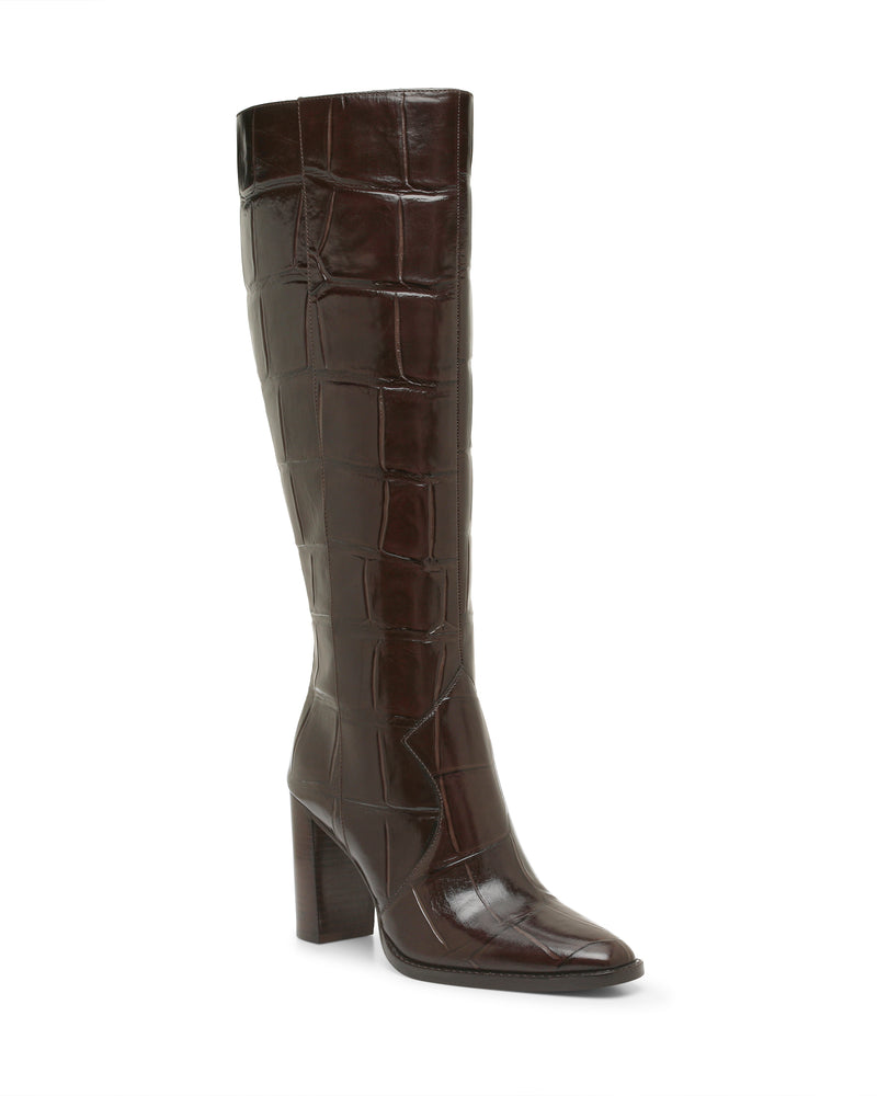 Vince Camuto Lecheya Extra Wide Calf knee-high boot in dark brown with a square toe, block heel, and embossed crocodile pattern.