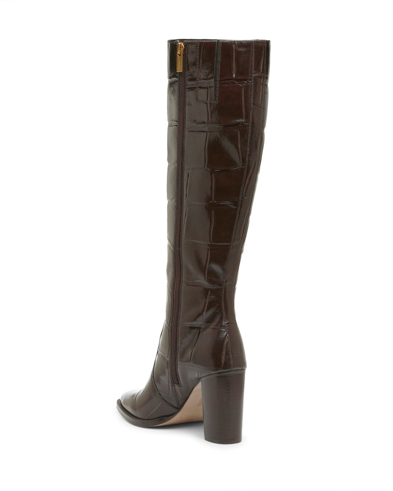 Dark brown crocodile-embossed Vince Camuto Lecheya Extra Wide Calf Knee High Boot with a side zipper and a block heel.