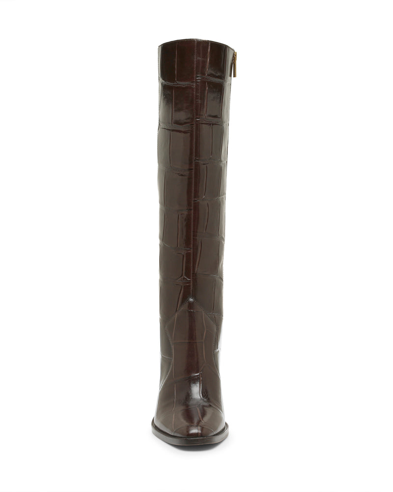Vince Camuto Lecheya Extra Wide Calf Knee High Boot in dark brown with a glossy, embossed texture, a block heel, and a side zipper.