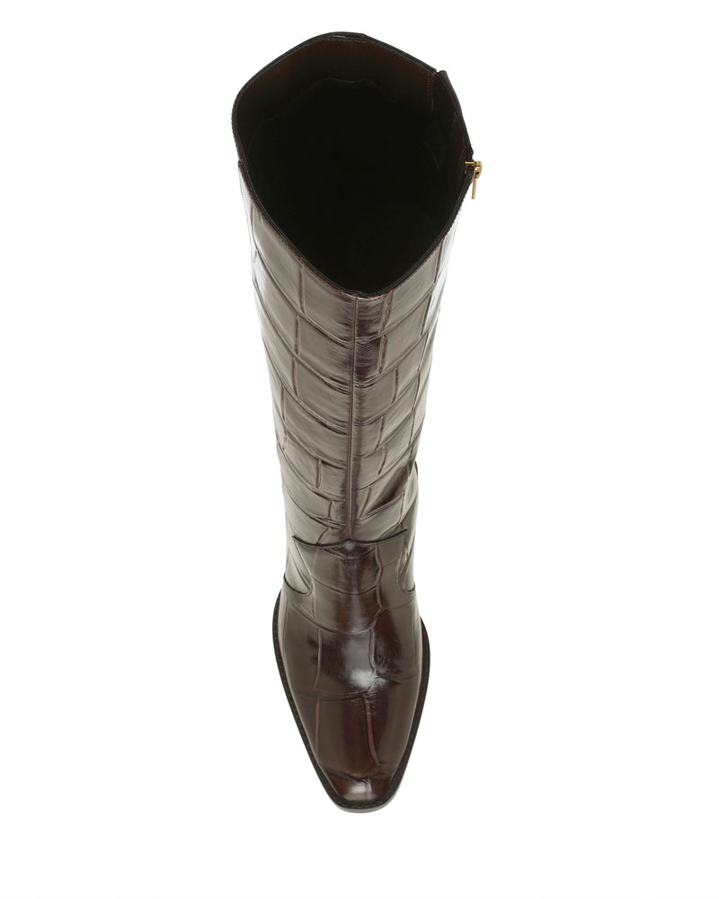 Top-down view of a dark brown crocodile-embossed Vince Camuto Lecheya Extra Wide Calf Knee High Boot with a block heel and side zipper.