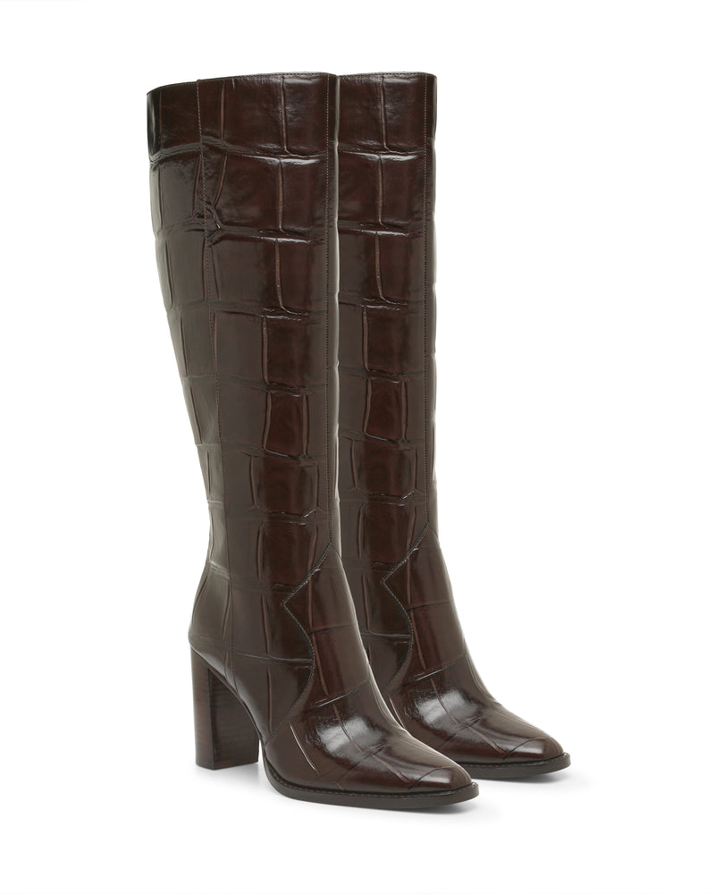 Dark brown, knee-high Vince Camuto Lecheya Extra Wide Calf Knee High Boot with a crocodile-embossed texture and block heels.