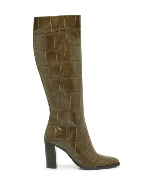 Olive green Vince Camuto Lecheya Wide Calf Knee High Boot with a block heel and a square-textured finish.