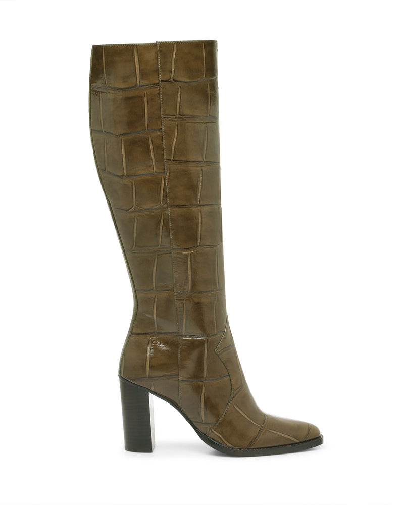 Olive green Vince Camuto Lecheya Wide Calf Knee High Boot with a block heel and a square-textured finish.