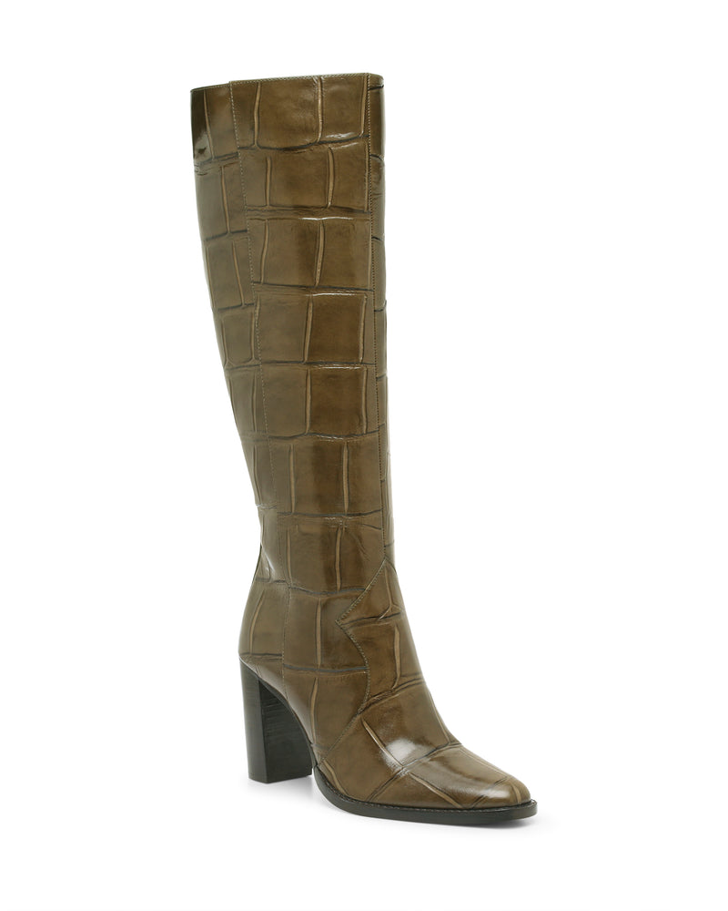 Glossy, olive green Vince Camuto Lecheya Wide Calf Knee High Boots with a square toe, an embossed grid pattern, and a block heel.