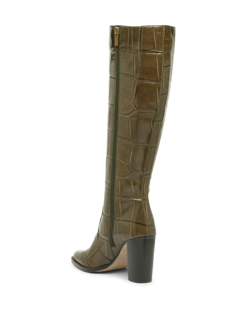 Olive green Vince Camuto Lecheya Wide Calf Knee High Boot with a block heel, full-length side zipper, and an embossed reptile texture.