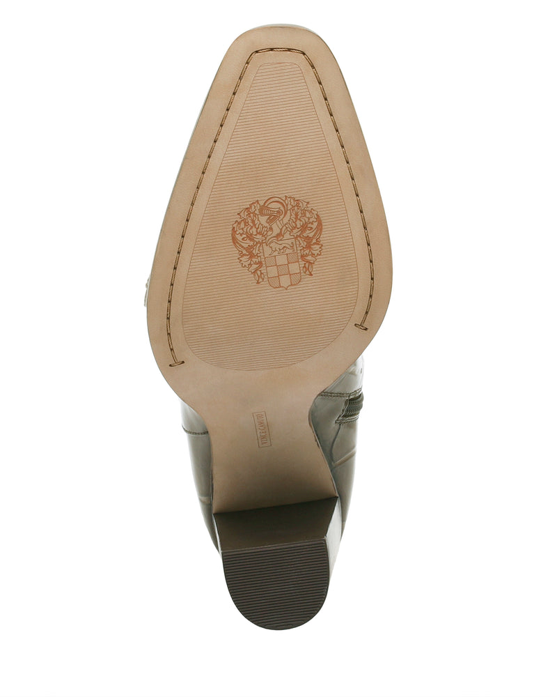 Bottom view of a Vince Camuto Lecheya Wide Calf Knee High Boot showing a flat sole with a logo crest and a block heel.