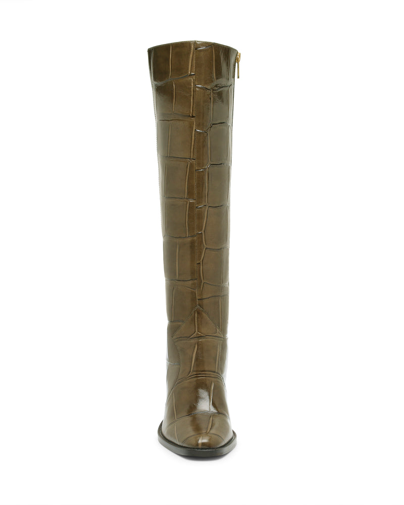 Olive green Vince Camuto Lecheya Wide Calf Knee High Boot with a square toe, block heel, and embossed crocodile pattern.