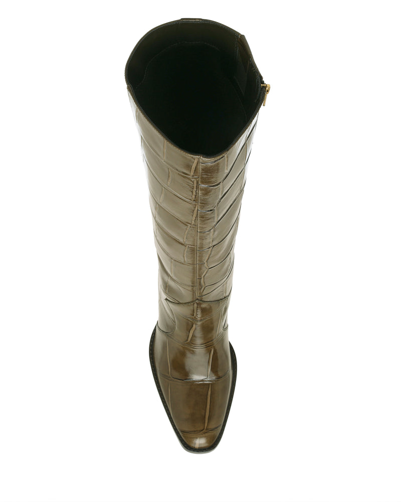 Olive green Vince Camuto Lecheya Wide Calf Knee High Boot with a block heel, square toe, and crocodile-embossed texture.