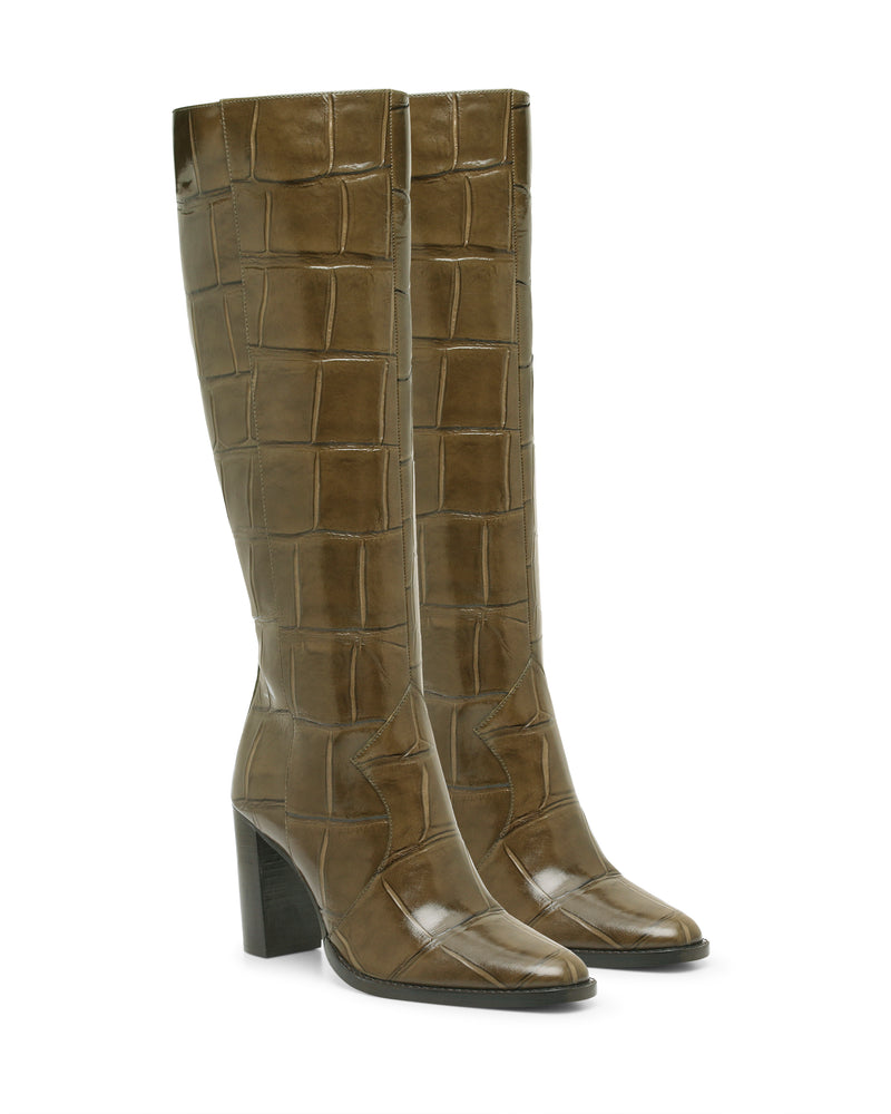 Olive green Vince Camuto Lecheya Wide Calf Knee High Boots featuring a textured square pattern and a block heel.
