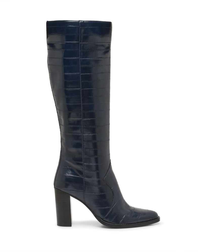 Dark navy blue Vince Camuto Lecheya Extra Wide Calf Knee High Boot in leather with a textured finish and a stacked block heel.