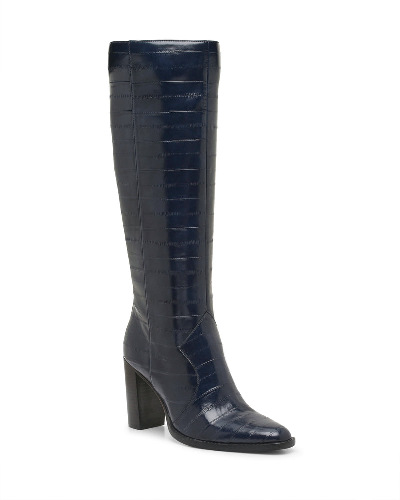 Navy blue embossed Vince Camuto Lecheya Extra Wide Calf Knee High Boot with a block heel.