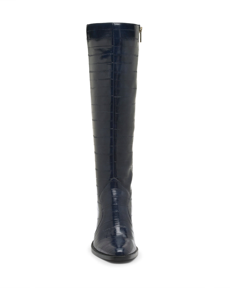 Navy blue Vince Camuto Lecheya Extra Wide Calf Knee High Boot with a textured pattern, block heel, and side zipper.
