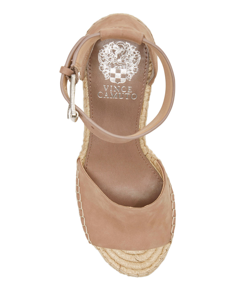 Top view of the Vince Camuto Leera Espadrille Wedge Sandal in tan, featuring an ankle strap, open toe, and a woven jute espadrille platform sole.