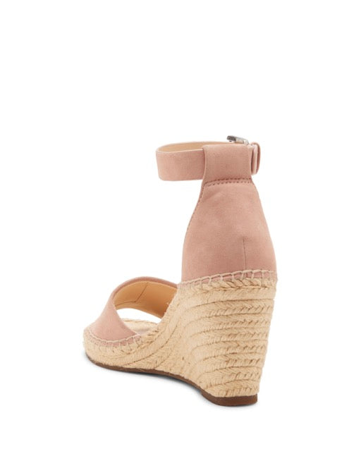 Back view of the Vince Camuto Leera Espadrille Wedge Sandal, featuring pink suede, an ankle strap, and a jute-wrapped heel.