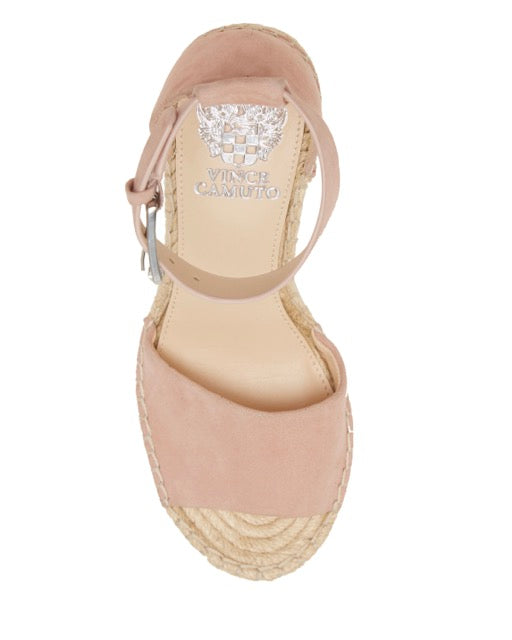 Top view of the blush pink Leera Espadrille Wedge Sandal by Vince Camuto, featuring an ankle strap with buckle, rope-wrapped sole, and open toe design.