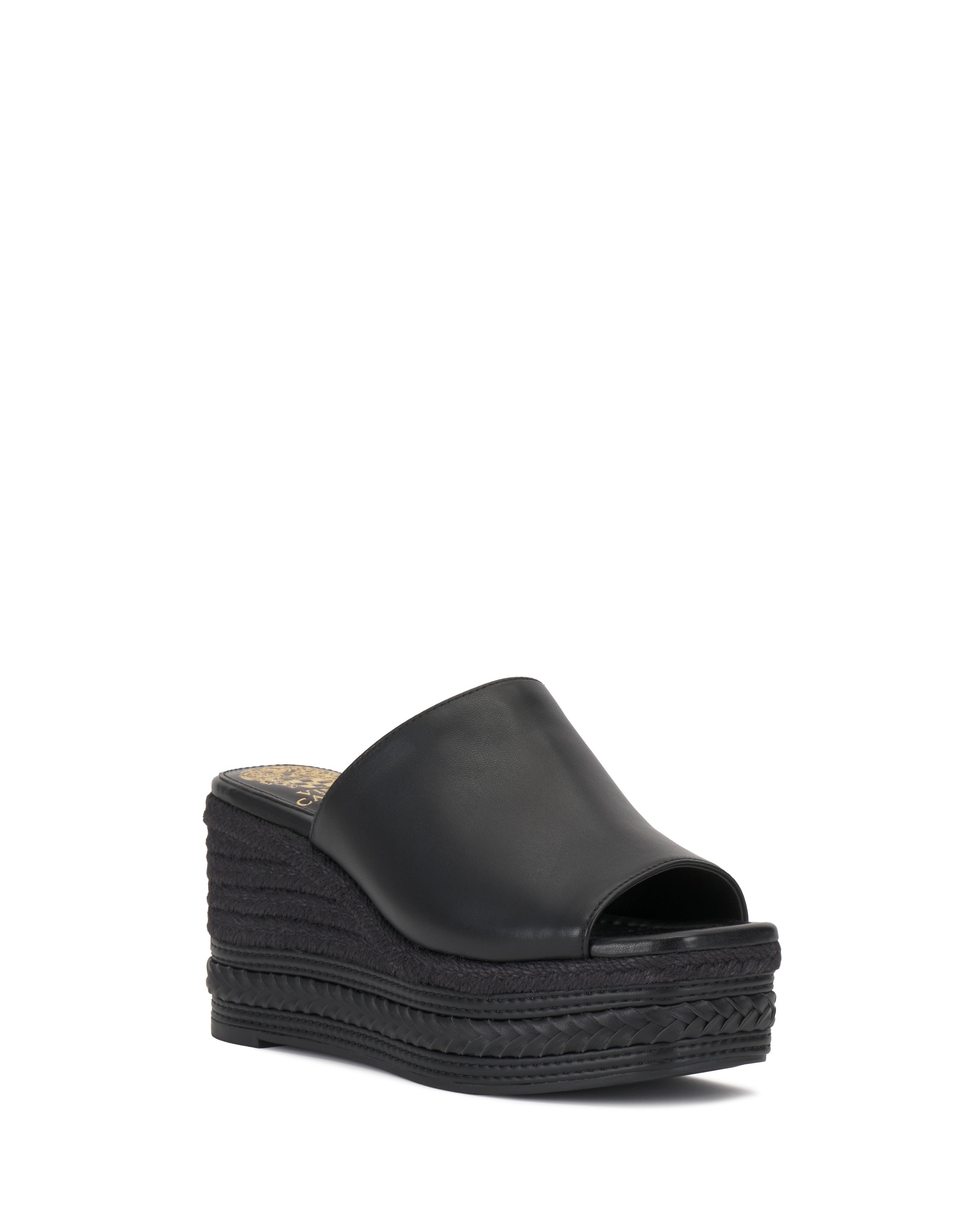 The Vince Camuto Lierna Espadrille Wedge Sandal features a black open toe design, thick platform sole, and woven base detailing—an ideal Y2K-inspired addition to your sandals collection.