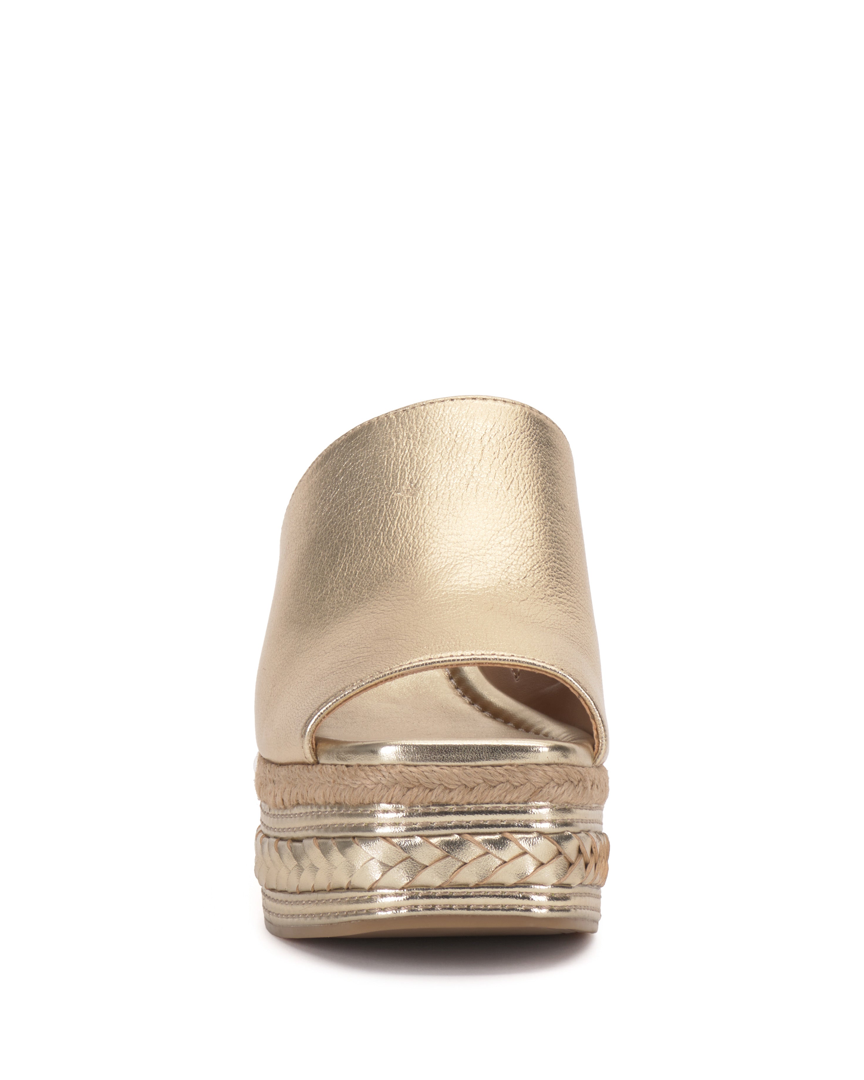 Front view of the Vince Camuto Lierna Espadrille Wedge Sandal, featuring a gold metallic finish, open toe, and woven espadrille platform around the sole.