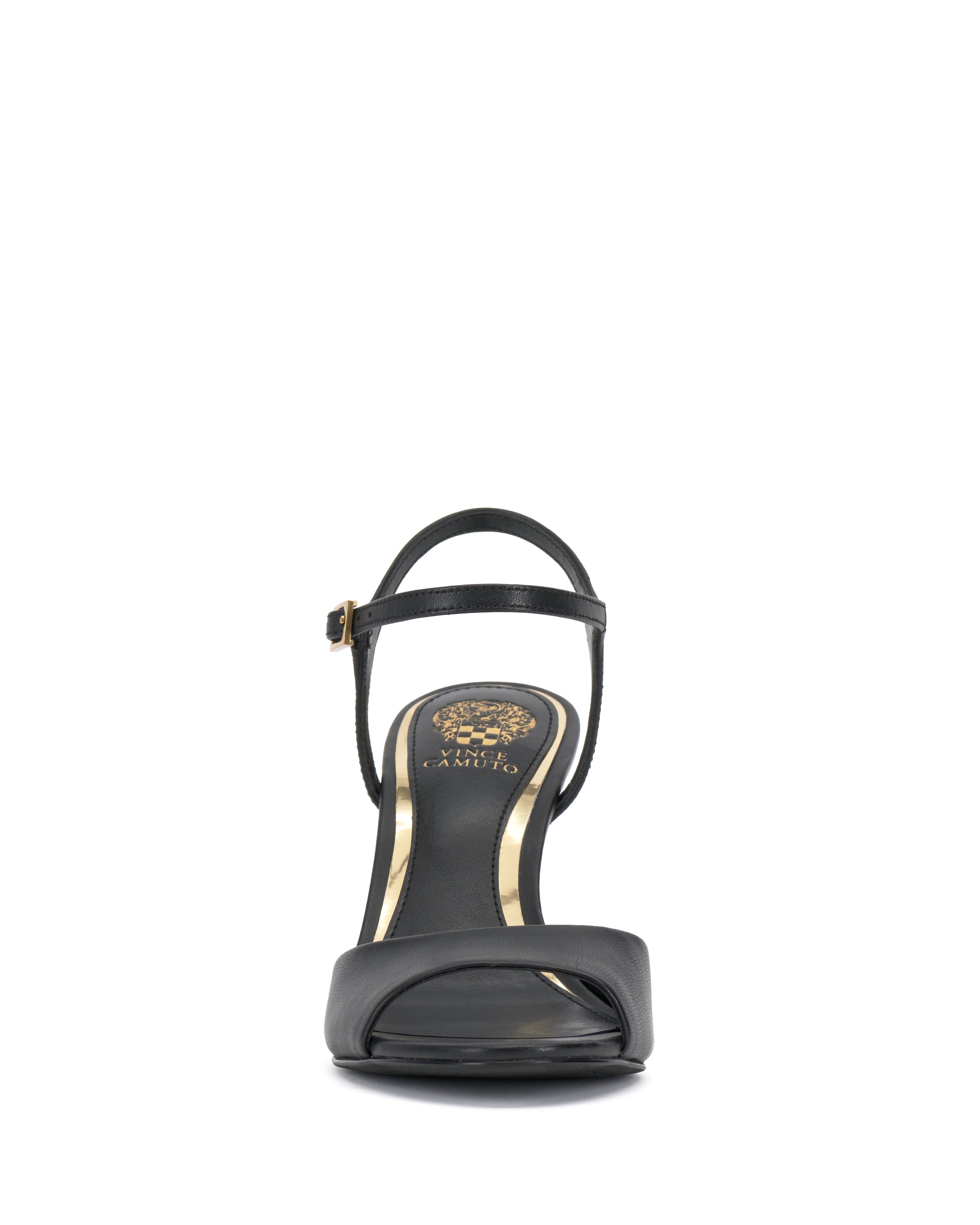 Front view of the Lilah Sandal by Vince Camuto, showcasing a black towering heel, open toe, single front strap, ankle buckle strap, and a gold insole adorned with a decorative logo.