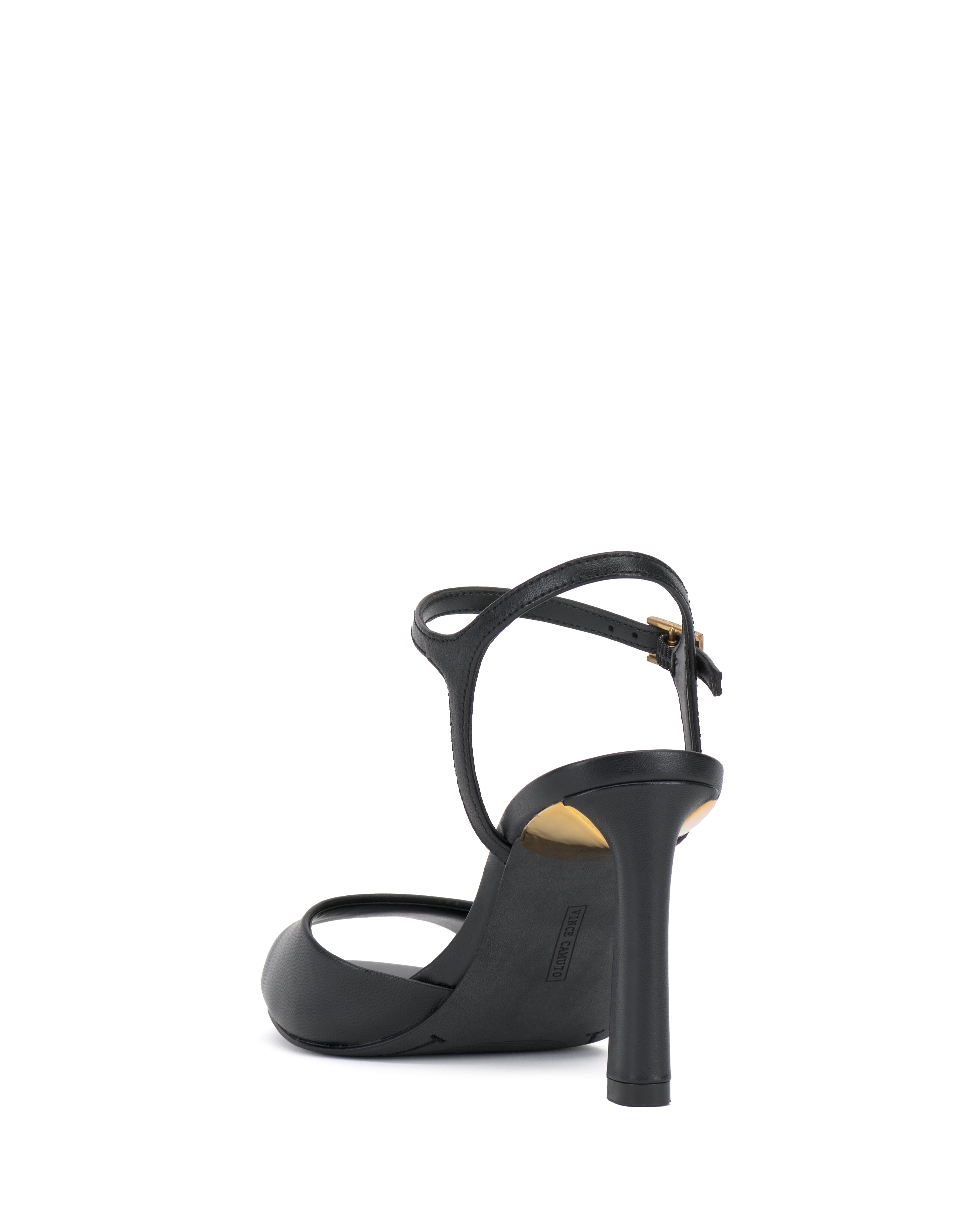 The Vince Camuto Lilah Sandal is a black classic heel with a thin ankle strap, small buckle, metallic accent under the tall heel, and an open toe design for a sleek, elegant look when viewed from the back.