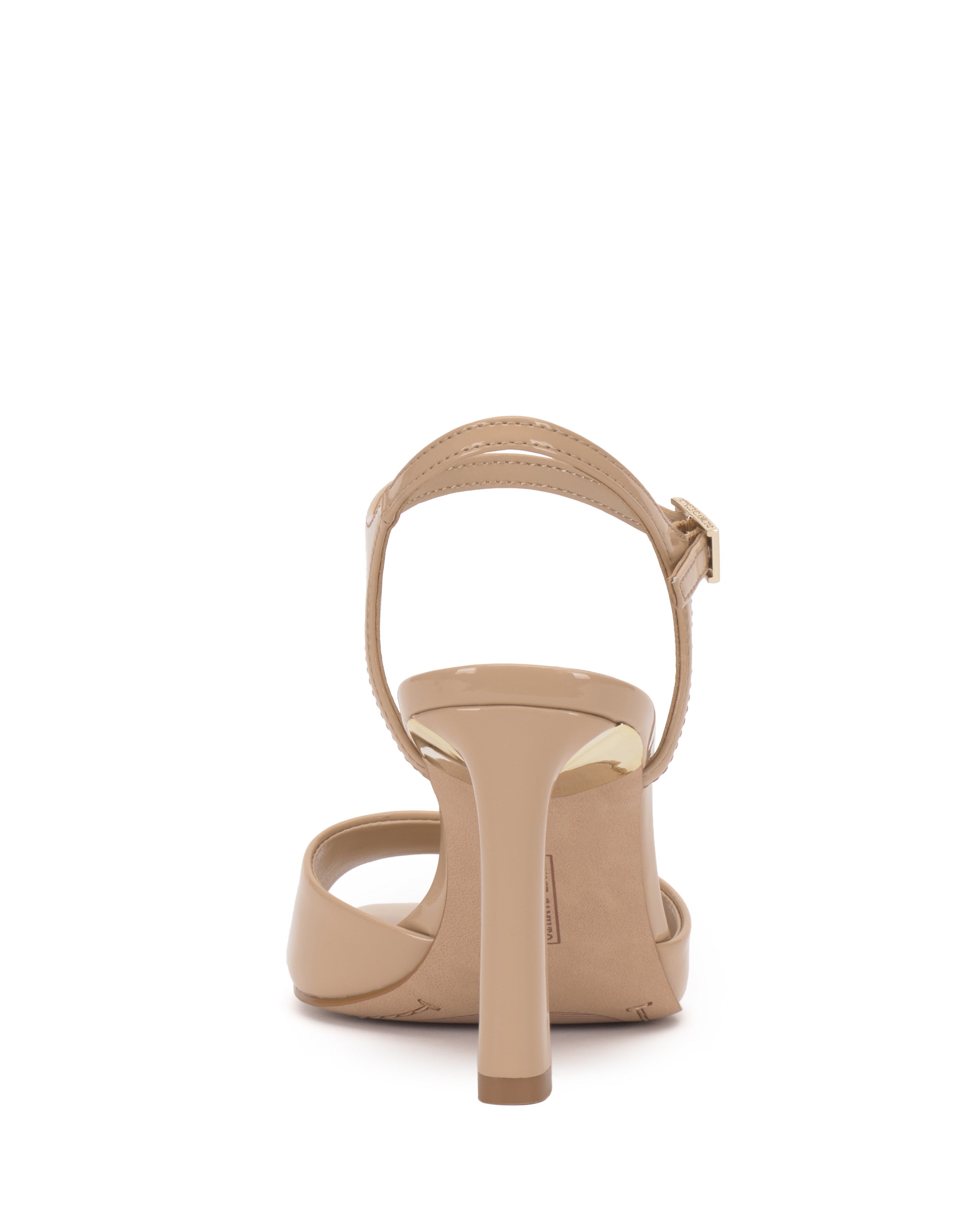 A beige Vince Camuto Lilah Sandal seen from the back, showcasing a towering heel, ankle strap with buckle, and glossy finish.