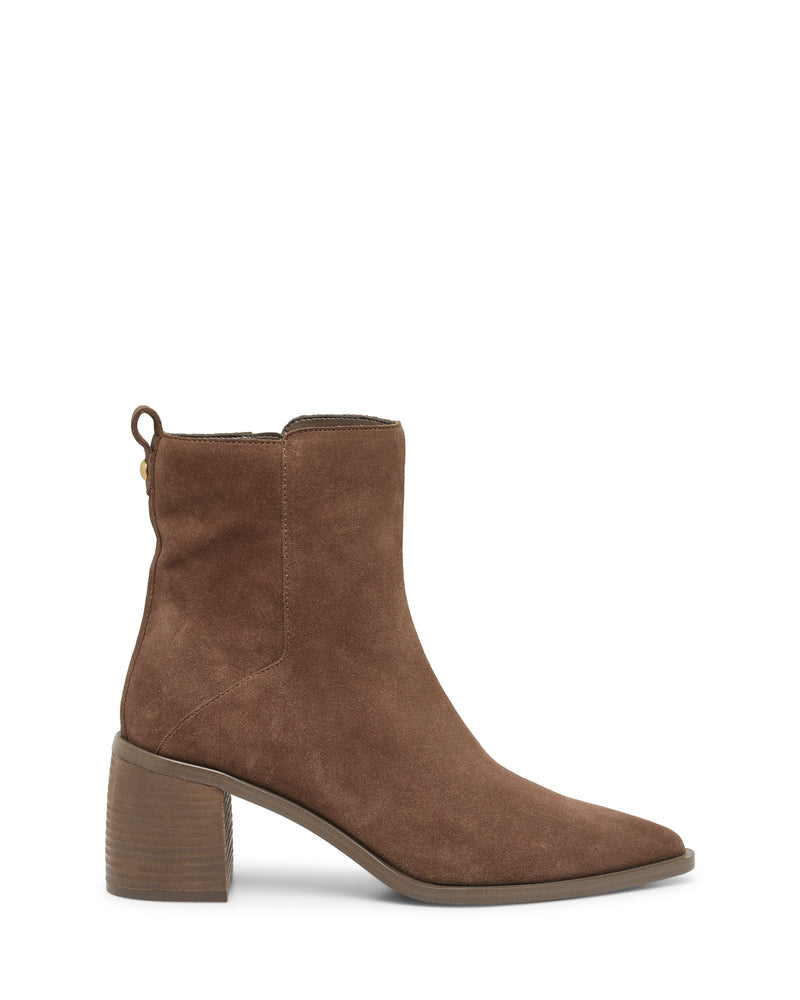 The Lorelai Bootie by Vince Camuto is a brown suede ankle boot featuring a pointed toe, chunky mid-height wooden block heel, and a pull tab at the back, shown on a plain white background for a modern style boot look.