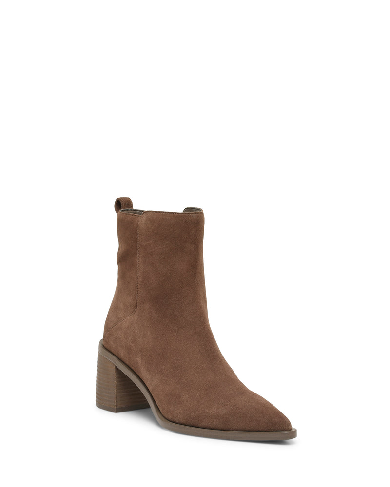 The Lorelai Bootie by Vince Camuto is a modern brown suede ankle boot featuring a pointed toe, block heel, and a pull tab at the back, shown against a white background.
