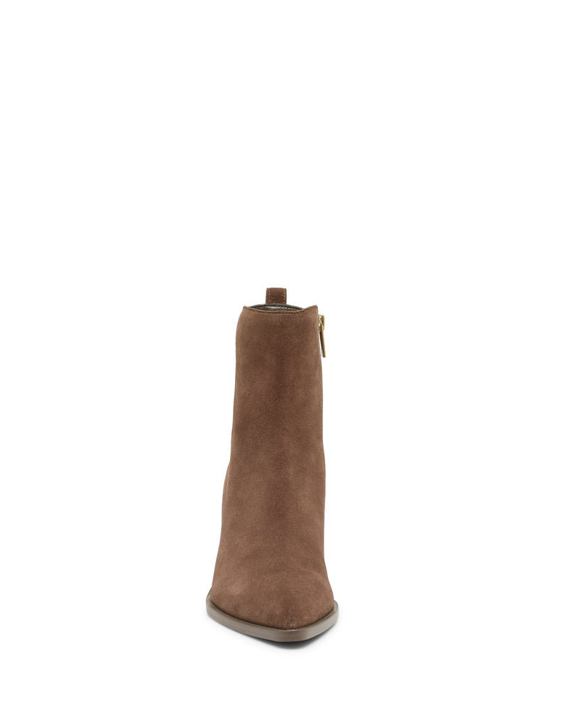 Front view of a single Lorelai Bootie by Vince Camuto, featuring brown suede and a pointed toe with a side zipper, displayed against a plain white background.