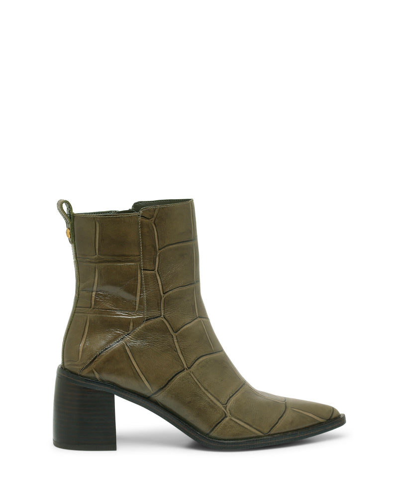 The Lorelai Bootie by Vince Camuto features an olive green crocodile-embossed texture, pointed toe, side zipper, pull tab, and a chunky block heel—this modern style boot elevates any outfit.