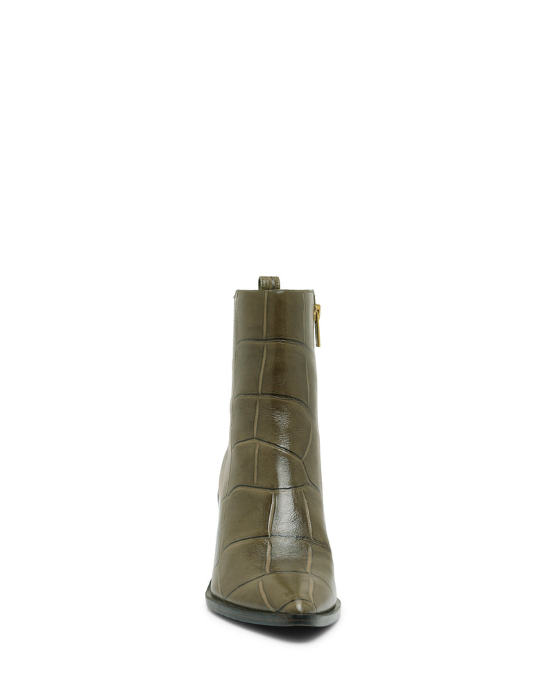 Front view of the Vince Camuto Lorelai Bootie in olive green, showcasing a pointed toe and block heel with a textured crocodile pattern and gold side zipper, set against a white background for a modern style statement.