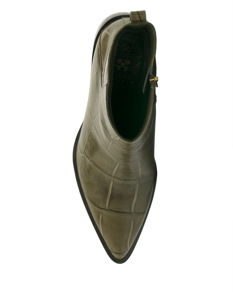 A top view of a single Lorelai Bootie by Vince Camuto in olive green leather, featuring a pointed toe and a textured, crocodile-like pattern, displayed on a white background—blending modern style with the sleek sophistication of this Vince Camuto design.