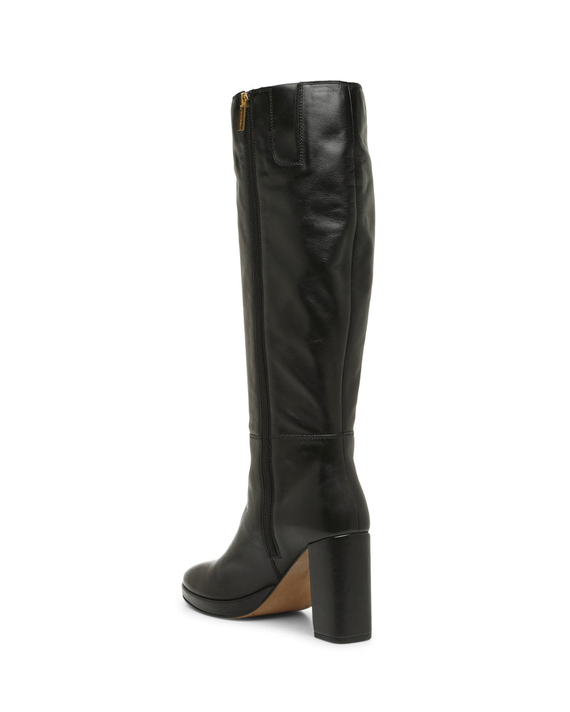 Introducing the Lucina Extra Wide Calf Knee High Boot by Vince Camuto—a chic black boot crafted from smooth leather, featuring a tall block heel and an inner side zipper with a gold zipper pull. Displayed at an angle, these dress boots highlight their sleek design and sturdy construction.