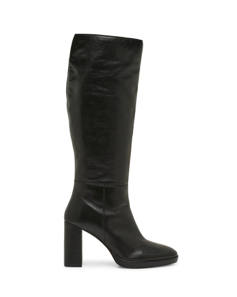The Lucina Knee High Boot by Vince Camuto is a tall, black leather boot featuring a rounded toe and a high block heel, displayed in profile against a white background.