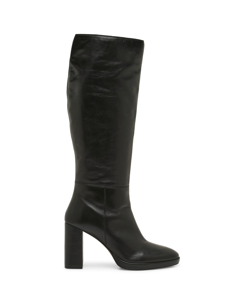 The Lucina Knee High Boot by Vince Camuto is a tall, black leather boot featuring a rounded toe and a high block heel, displayed in profile against a white background.