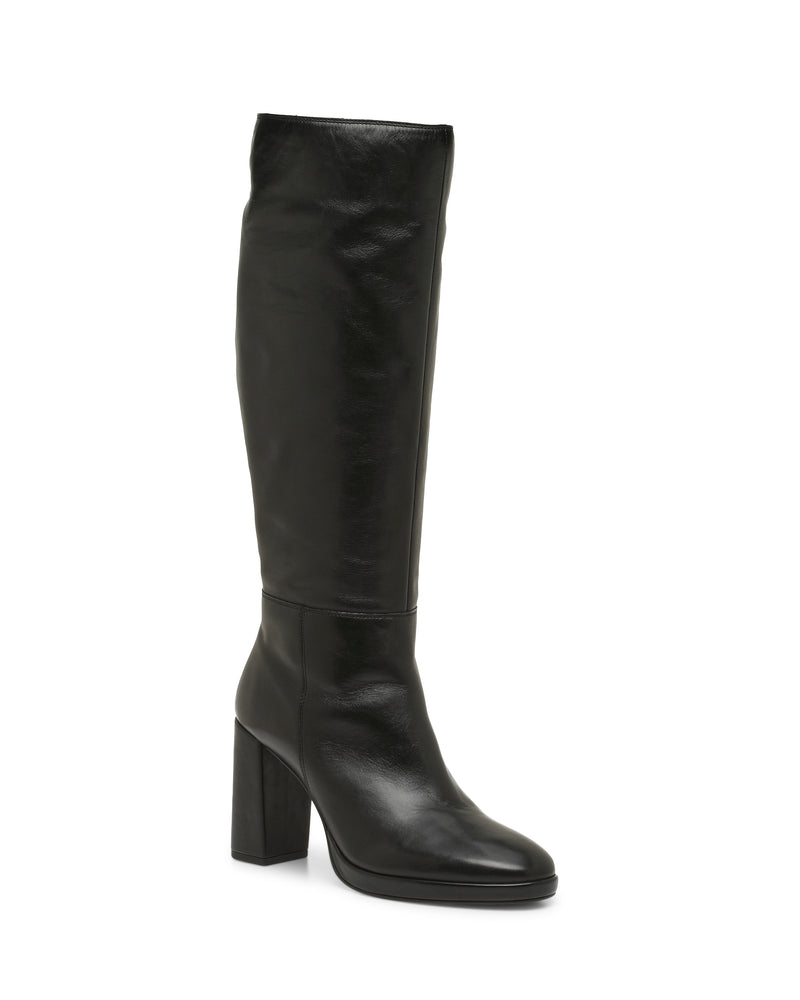 The Lucina Knee High Boot by Vince Camuto is a chic black boot crafted from smooth leather, showcasing a round toe and a stylish block heel—perfect as a dress boot for any occasion. Elegantly displayed against a white background.