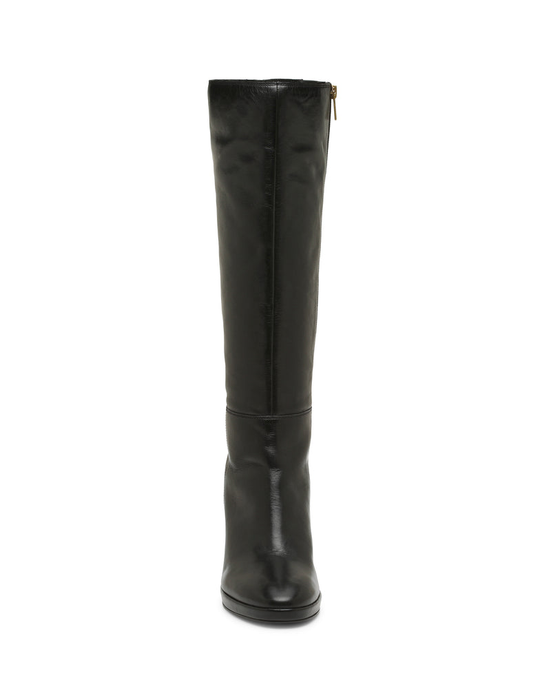 Front view of the Vince Camuto Lucina Knee High Boot in black leather, featuring a rounded toe, block heel, and side zipper, displayed against a white background.