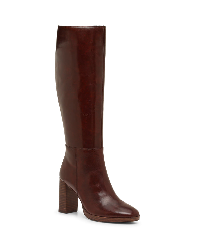 A single Lucina Knee High Boot by Vince Camuto in tall, brown leather with a block heel, rounded toe, and smooth finish is displayed on a plain white background.