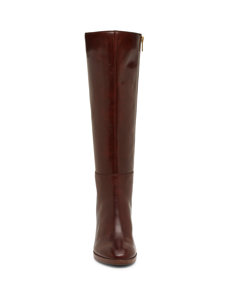 Front view of the Lucina Knee High Boot by Vince Camuto, a single tall brown leather boot featuring a side zipper and a stylish block heel, displayed against a plain white background.