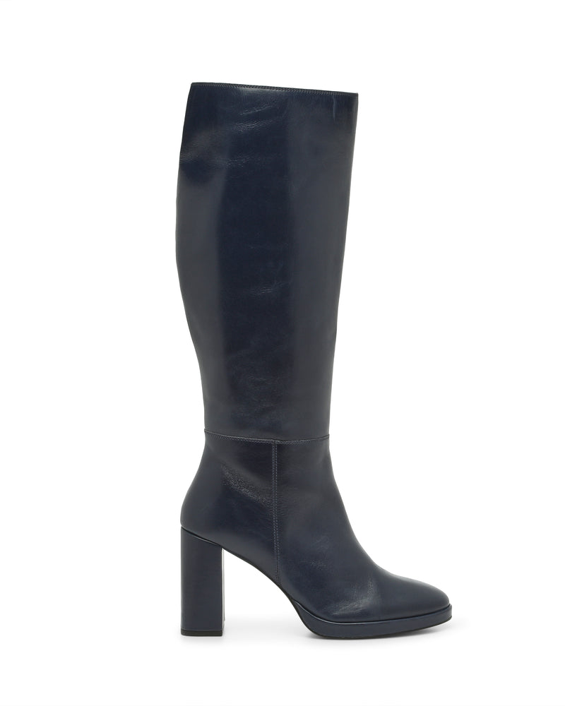 A single tall black leather Lucina Knee High Boot by Vince Camuto, featuring a rounded toe and a chunky block heel, displayed on a plain white background.