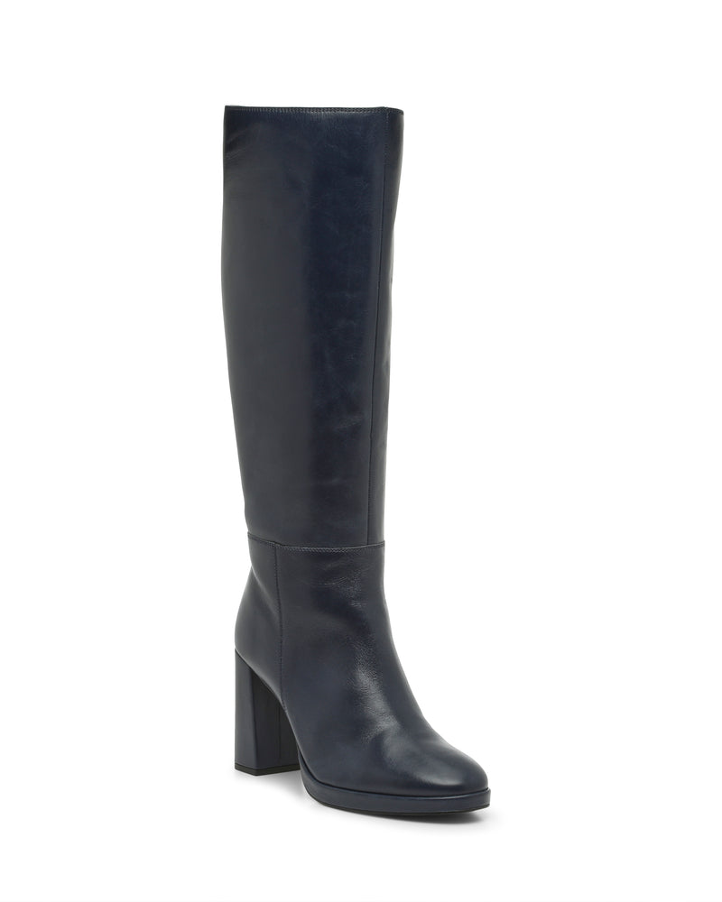 The Vince Camuto Lucina Knee High Boot is a single tall black leather boot featuring a rounded toe and chunky block heel, showcased against a plain white background.