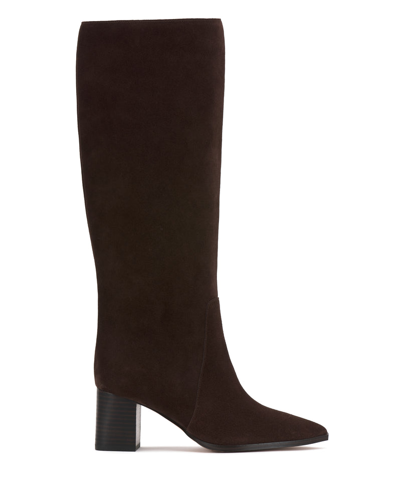 The Vince Camuto Lumina Extra Wide Calf Knee High Boot is featured in dark brown suede with a rounded square toe and sturdy mid-height block heel, showcased against a white background for an elegant look.
