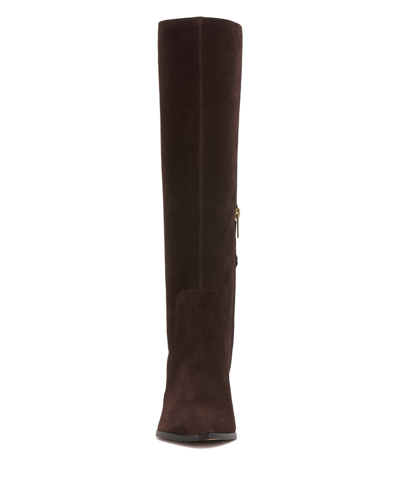 Front view of the Vince Camuto Lumina Extra Wide Calf Knee High Boot in dark brown suede, featuring a side zipper, block heel, and slightly pointed toe, displayed on a white background.