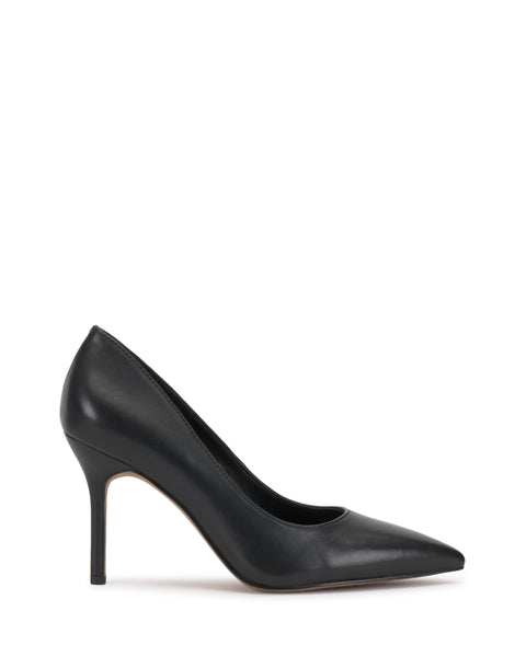 The Vince Camuto Maisha Pump is a black high-heeled shoe with a pointed toe and stiletto heel, shown in profile against a white background.
