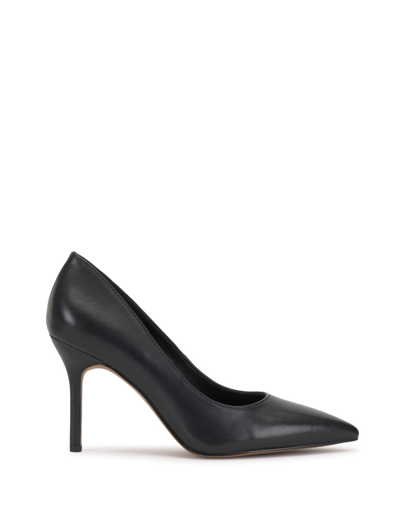 The Vince Camuto Maisha Pump is a black high-heeled shoe with a pointed toe and stiletto heel, shown in profile against a white background.