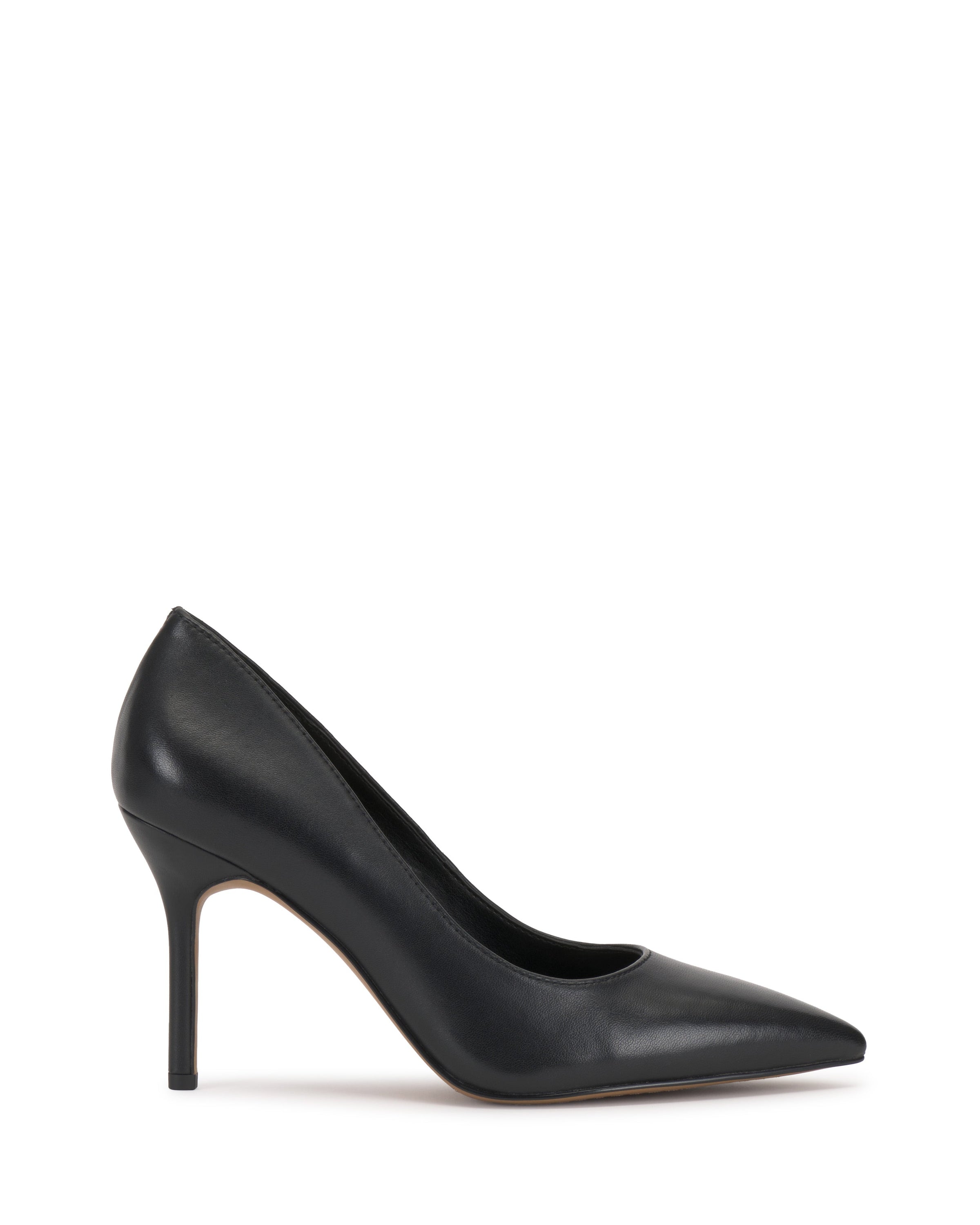 The Vince Camuto Maisha Pump in black features a pointed toe, classic heel, and sleek smooth leather finish, displayed in profile against a white background.