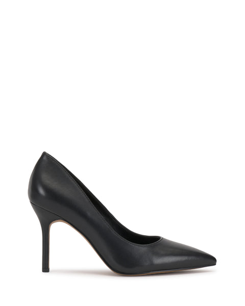 The Vince Camuto Maisha Pump in black features a pointed toe, classic heel, and sleek smooth leather finish, displayed in profile against a white background.