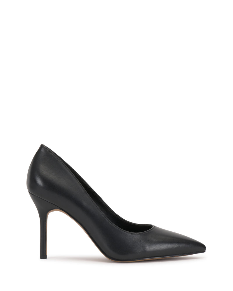 The Vince Camuto Maisha Pump in black features a pointed toe, classic heel, and sleek smooth leather finish, displayed in profile against a white background.