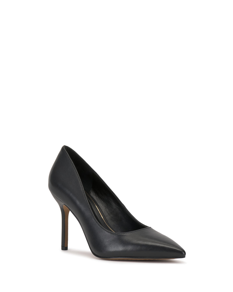 The Maisha Pump by Vince Camuto is a black high-heeled shoe with a pointed toe, stiletto heel, and smooth leather finish, shown against a white background.