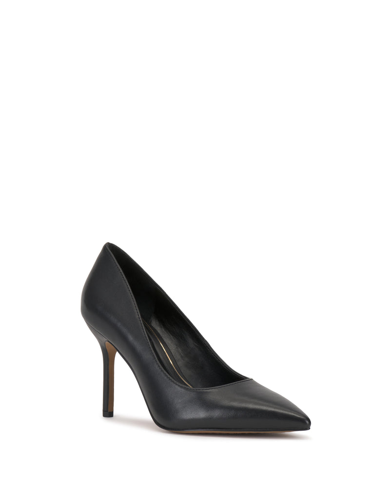 The Maisha Pump by Vince Camuto is a black pointed-toe high heel with a classic silhouette, crafted from smooth leather and shown on a white background.