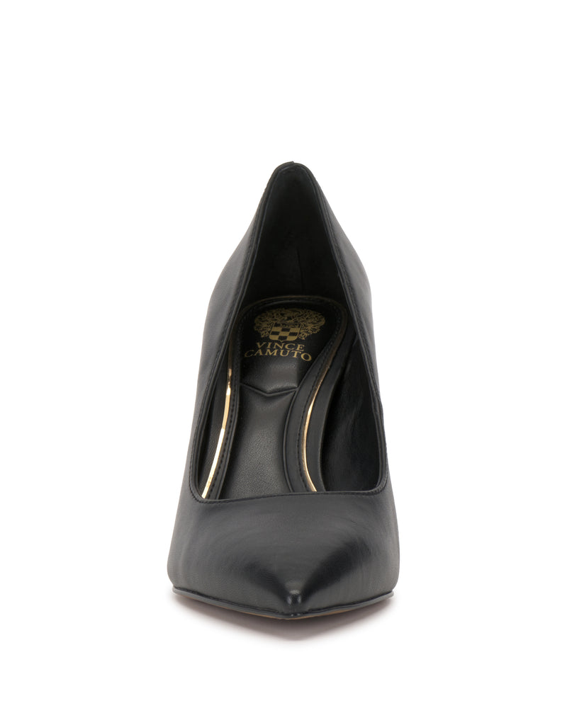 Front view of the Maisha Pump by Vince Camuto—a black high-heeled shoe with a pointed toe and gold insole detailing, featuring the Vince Camuto logo.